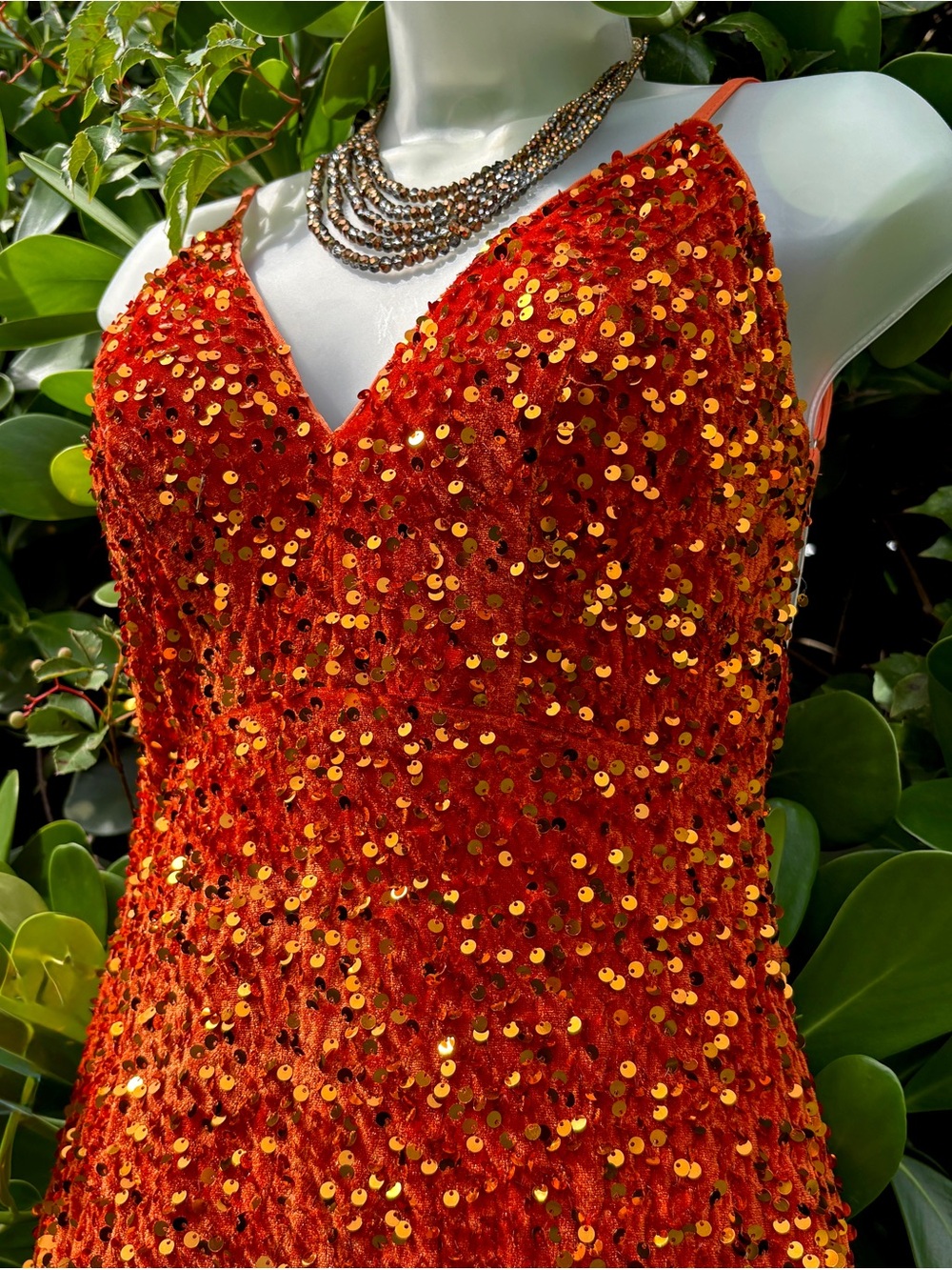 Dressalisa Orange Crushed Velvet Sequins Gown Size XS Party Maxi Dress Elegant - Picture 5 of 13